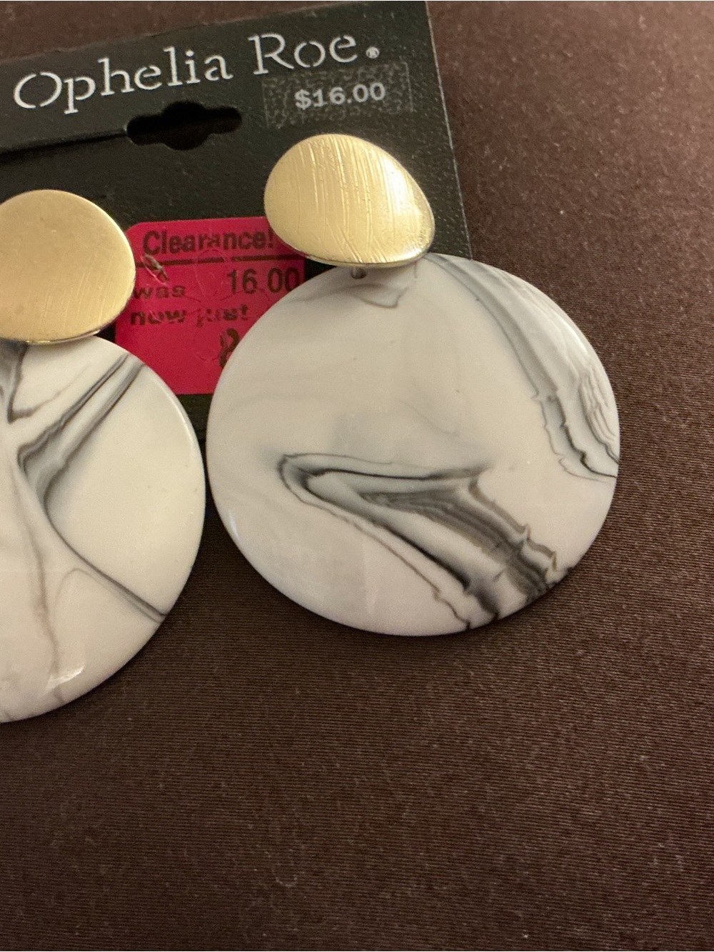 White Marble Disc Drop Earrings with Gold Accents